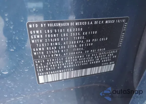 2019 Volkswagen Tiguan 2.0T S из США, поврежденный, VIN 3VV1B7AX4KM027724